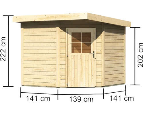 Abbildung eines Gerätehauses aus Holz mit Tür und Maßangaben
