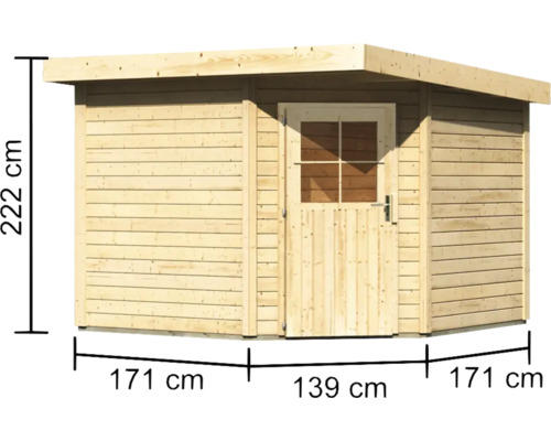 Holzgartenhaus mit Tür und Maßangaben