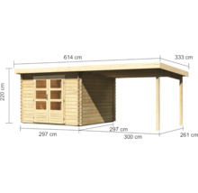 Abbildung eines Holzgartenhauses mit Carport und Maßangaben