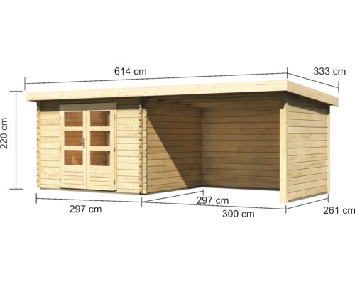 Holzgartenhaus mit Doppeltür und überdachtem Bereich mit Maßangaben