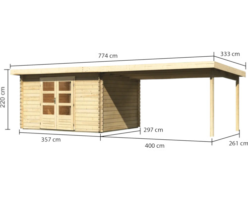 Abmessungen eines Gartenhauses mit Anbau
