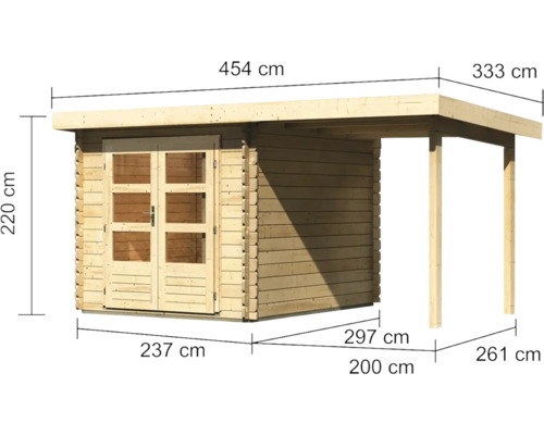 Abbildung einer Gartenlaube mit Maßangaben