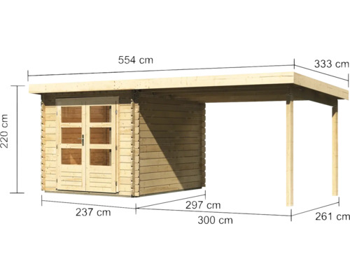 Abmessungen des Holz Gartenhauses mit Carport