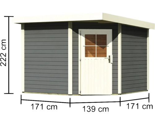 Gartenhaus mit einer Höhe von 222 cm und den Grundmaßen 171 cm, 139 cm und 171 cm