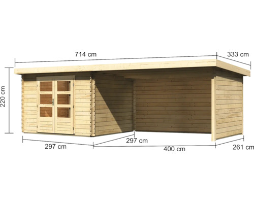 Abbildung eines Gartenhauses mit Maßen.