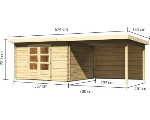 Holzgartenhaus mit Anbau und Maßangaben