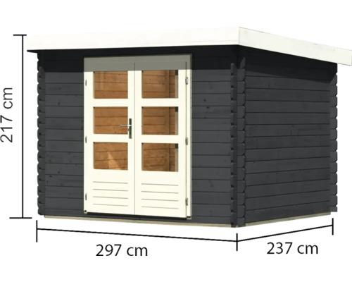 Holzgartenhaus mit Doppeltür und den Maßen 297 x 237 x 217 cm