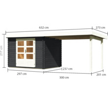Holzgartenhaus mit Anbau und Maßangaben