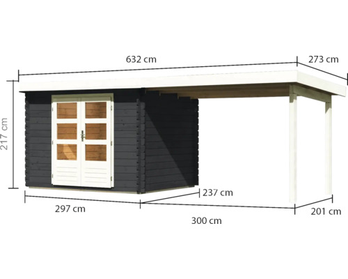 Holzgartenhaus mit Anbau und Maßangaben