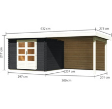 Gartenhaus mit den Maßangaben Länge 632 cm, Breite 300 cm und Höhe 217 cm
