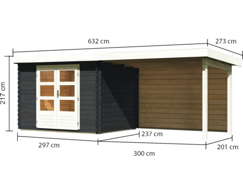 Gartenhaus mit den Maßangaben Länge 632 cm, Breite 300 cm und Höhe 217 cm