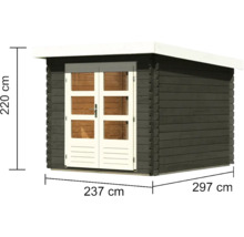 Gartenhaus aus Holz mit Doppeltür und den Maßen 220 cm Höhe, 237 cm Türbreite und 297 cm Tiefe.