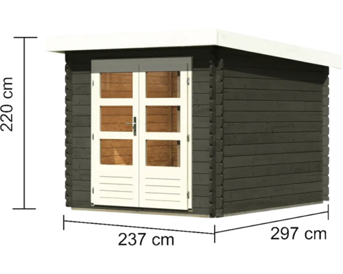 Gartenhaus aus Holz mit Doppeltür und den Maßen 220 cm Höhe, 237 cm Türbreite und 297 cm Tiefe.