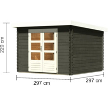 Gartenhaus aus Holz mit Doppeltür und den Maßen 297 mal 297 mal 220 Zentimeter