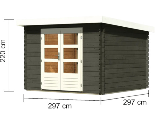 Gartenhaus aus Holz mit Doppeltür und den Maßen 297 mal 297 mal 220 Zentimeter
