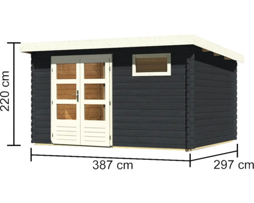 Holzgartenhaus mit Doppeltür, Fenster und den Maßen 387 mal 297 mal 220 Zentimeter