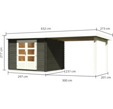 Holzgartenhaus mit Vordach und Maßangaben