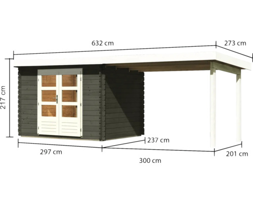 Holzgartenhaus mit Vordach und Maßangaben