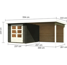Abbildung eines Gartenhauses mit den Maßangaben.