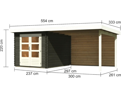 Abbildung eines Gartenhauses mit den Maßangaben.