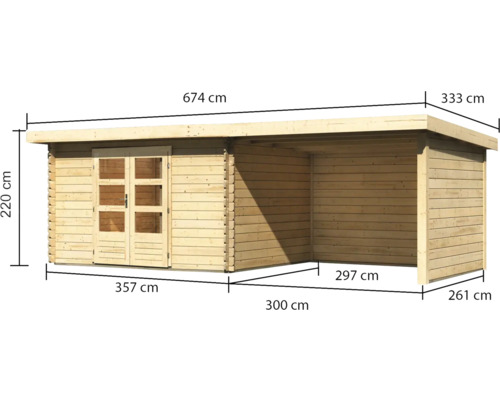 Holzgartenhaus mit den Maßen 674 mal 333 mal 220 Zentimeter