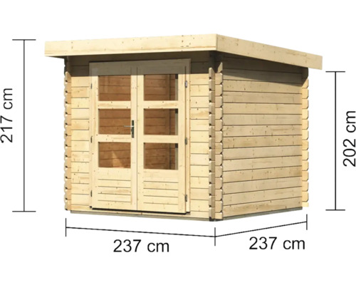 Holzgartenhaus mit den Maßen 237 mal 237 mal 217 Zentimeter