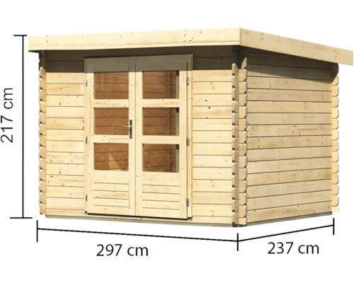 Holzgartenhaus mit Abmessungen 217 cm Höhe, 297 cm Breite und 237 cm Tiefe.