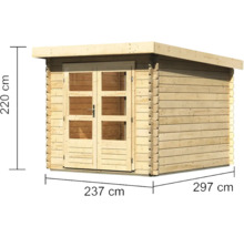 Holzgartenhaus mit Doppeltür und den Maßen 220 cm Höhe, 237 cm Türbreite und 297 cm Hausbreite.