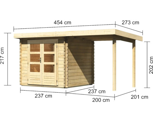 Abmessungen Gartenhaus mit Vordach, 454 x 237 x 217 cm