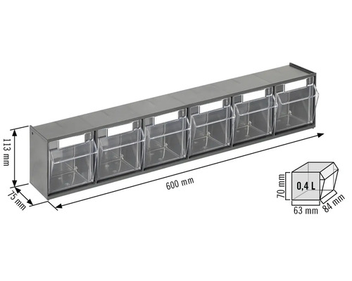 Aufbewahrungsregal mit fünf durchsichtigen Boxen und Maßangaben