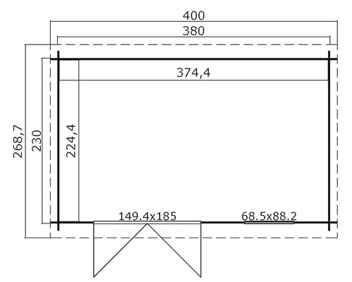 Grundrisszeichnung eines Gartenhauses mit Maßangaben