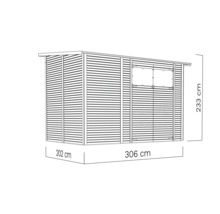 Illustration eines Gartenhauses mit den Maßen 202 cm, 306 cm und 233 cm