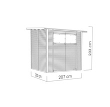 Illustration eines Gartenhauses mit Fenster und den Maßen 233 x 202 x 207 cm.