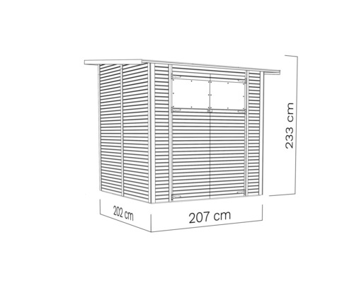 Illustration eines Gartenhauses mit Fenster und den Maßen 233 x 202 x 207 cm.