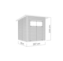 Abbildung eines Gartenhauses mit den Maßen 202 cm x 207 cm x 233 cm