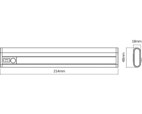 Technische Zeichnung einer Unterbauleuchte mit den Maßen 214 Millimeter Länge, 48 Millimeter Höhe und 18 Millimeter Breite