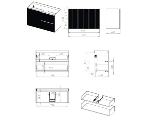 Technische Zeichnung eines Waschtischunterschranks mit Maßangaben