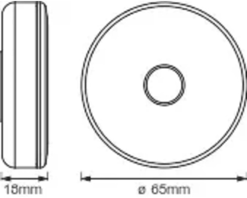 Technische Zeichnung einer Rosette mit den Maßen 65 Millimeter Durchmesser und 18 Millimeter Dicke.