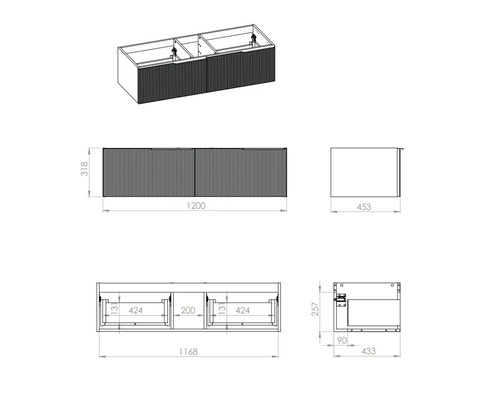 Zeichnung eines Waschtischunterschranks mit Maßangaben