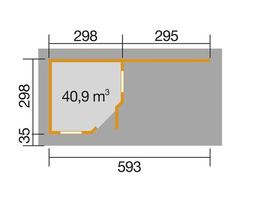 Grundriss mit Abmessungen in Zentimetern und Kubikmetern