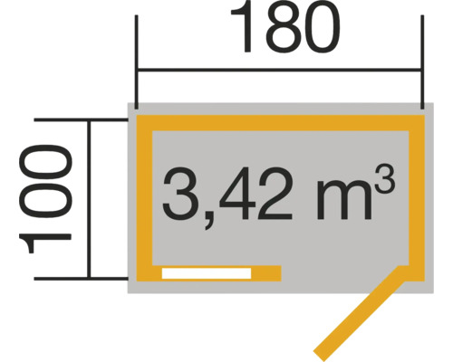 Grundriss mit Abmessungen: 100 x 180 und Raumvolumen 3,42 Kubikmeter