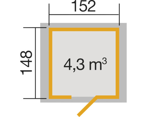 Grundriss mit den Maßen 152 mal 148 und einem Volumen von 4,3 Kubikmeter