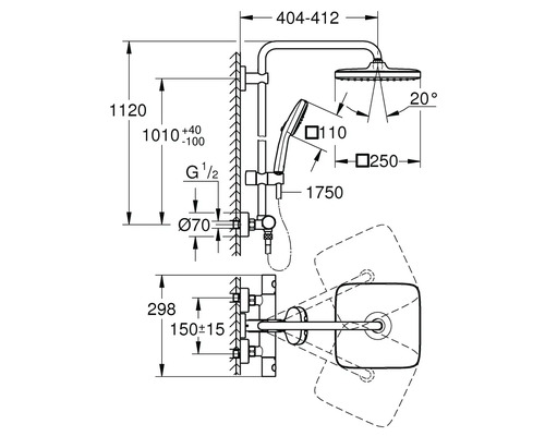 Technische Zeichnung eines Duschsystems mit Maßen.