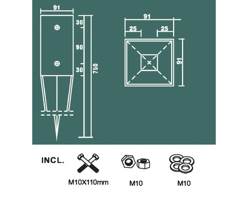 Technische Zeichnung eines Pfostenträgers mit Abmessungen und Details zu den enthaltenen Schrauben und Muttern