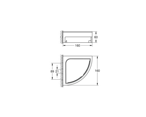 Technische Zeichnung einer Duschkabine mit Maßangaben.