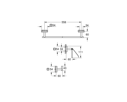 Technische Zeichnung eines Handtuchhalters mit Maßen