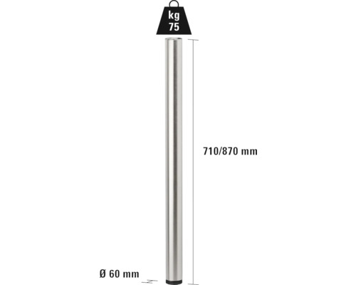 Tischbein aus Metall mit den Maßen 710/870 mm und einem Durchmesser von 60 mm, Belastbarkeit bis 75 kg
