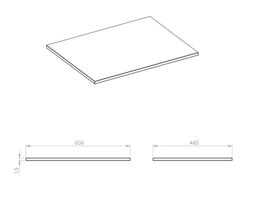 Technische Zeichnung einer Platte mit Maßangaben 606 mm x 460 mm x 15 mm.