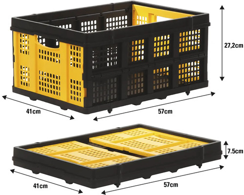 Schwarze Klappbox mit gelben Akzenten in geöffnetem und geschlossenem Zustand mit Maßangaben