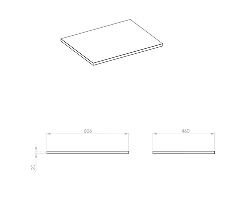 Technische Zeichnung einer Möbelplatte mit den Maßen 606 x 460 x 20 Millimeter.